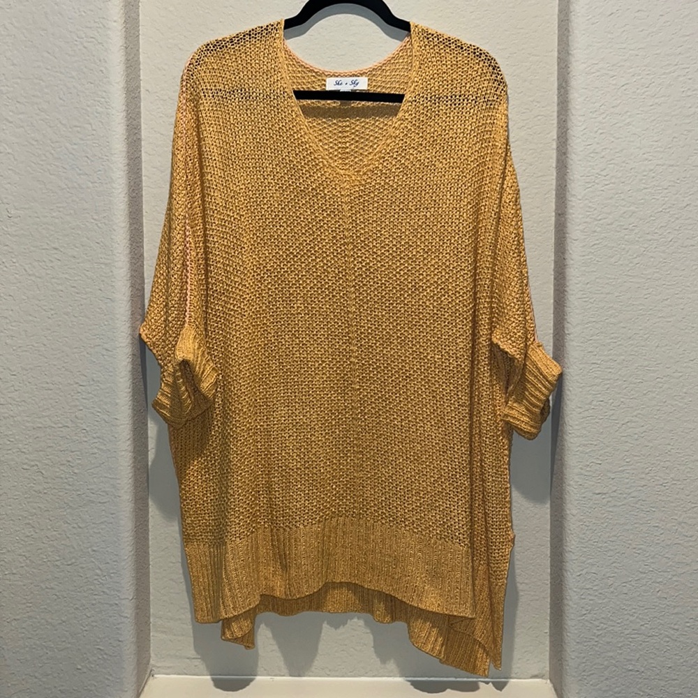 Mustard Yellow Oversized 3/4 Sleeve Light V-neck Sweater | One Size Fits Most